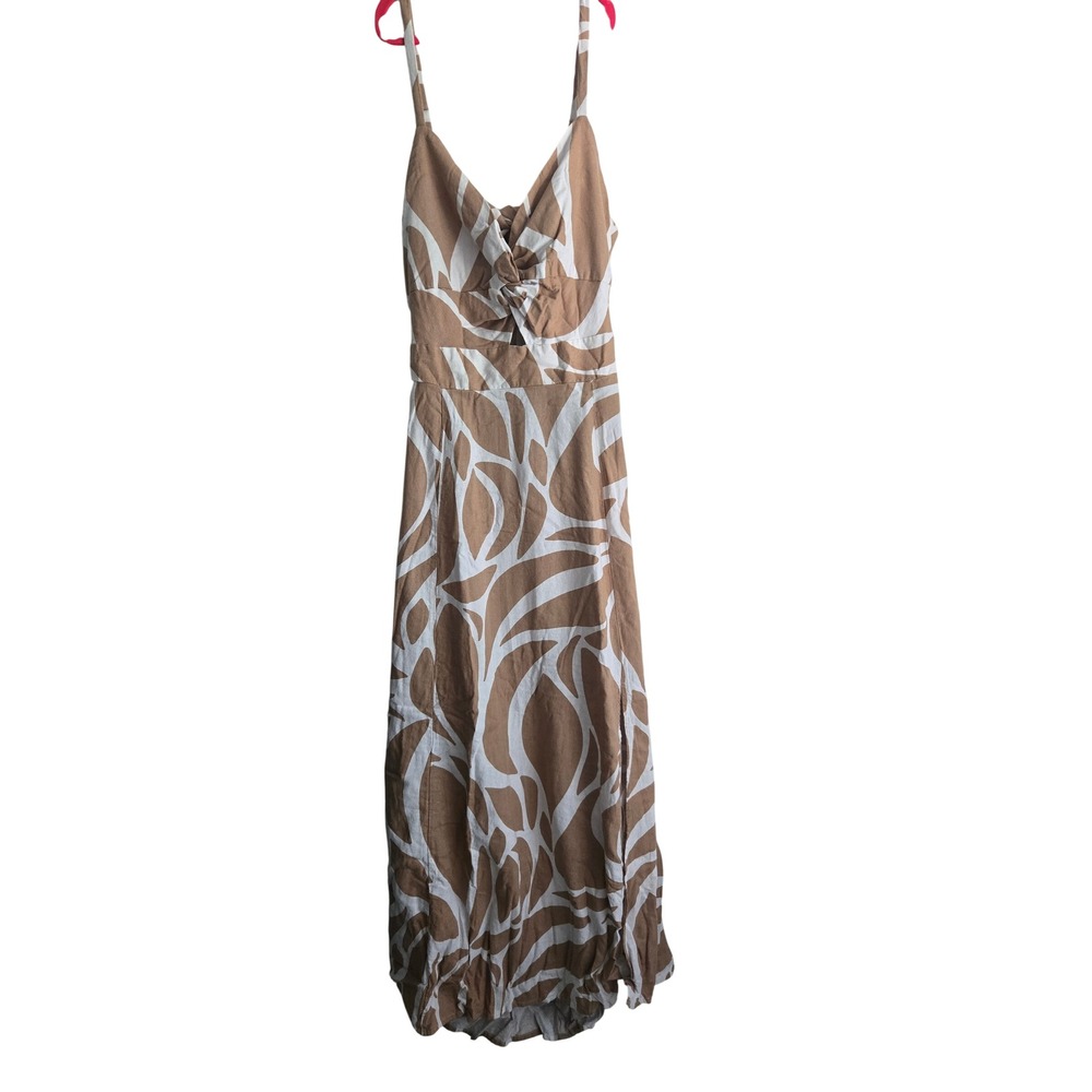 STATE Brown White Print Maxi Dress Sleeveless Tie Back Cutout Size Large‎